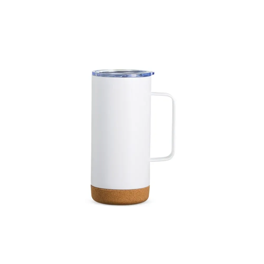 Caneca térmica inox 500ml com base de cortiça, cor branco, personalizada