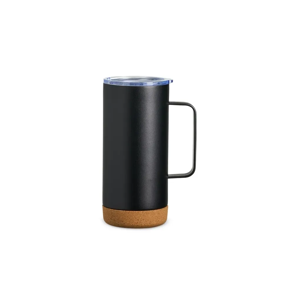 Caneca térmica inox 500ml com base de cortiça, cor preto, personalizada