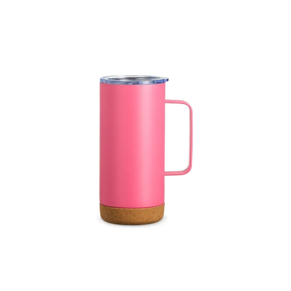 Caneca térmica inox 500ml com base de cortiça, cor rosa, personalizada