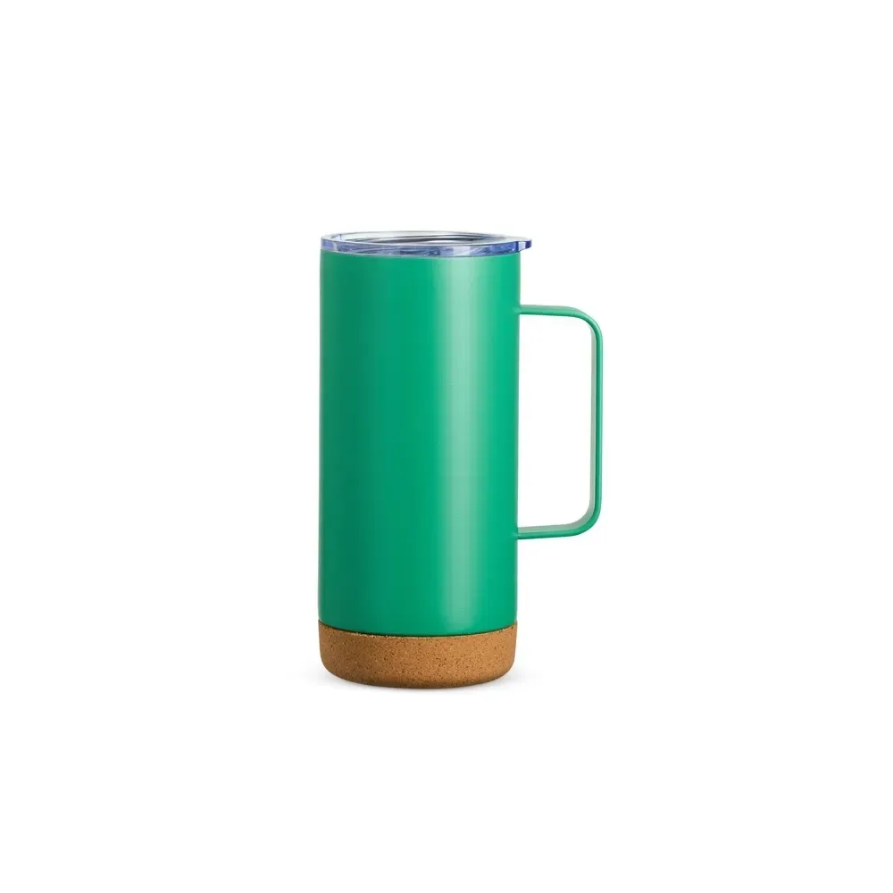 Caneca térmica inox 500ml com base de cortiça, cor verde, personalizada