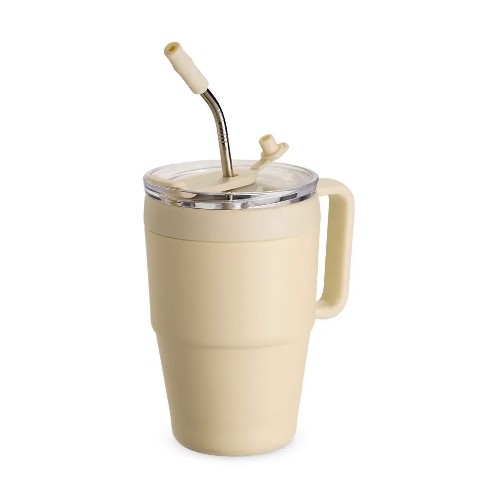 Caneca térmica inox 600ml com canudo e base antiderrapante, cor creme, personalizada