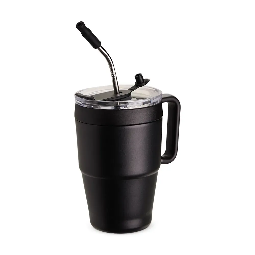 Caneca térmica inox 600ml com canudo e base antiderrapante, cor preto, personalizada