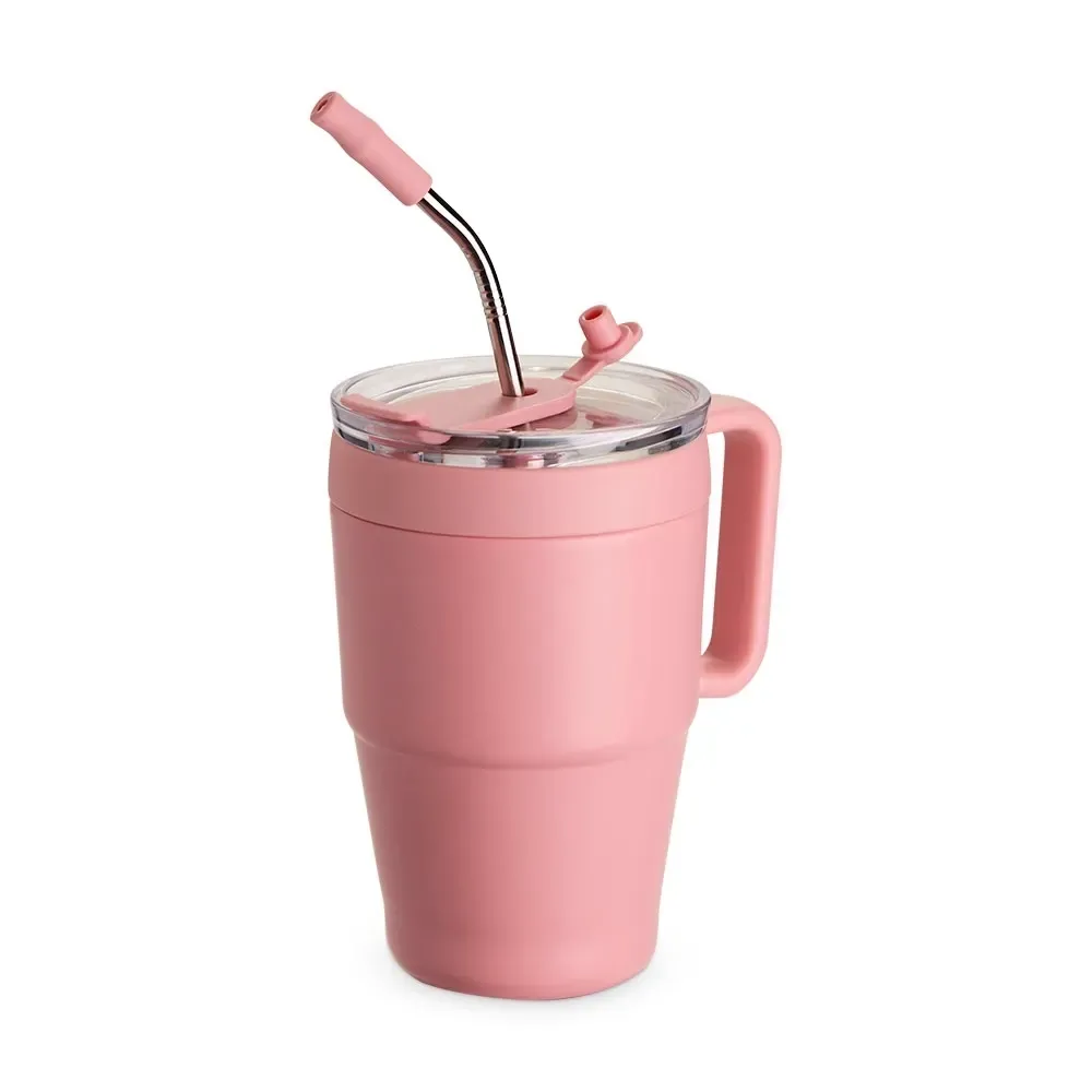 Caneca térmica inox 600ml com canudo e base antiderrapante, cor rosa, personalizada