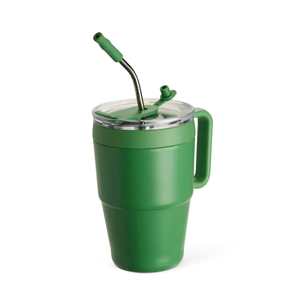 Caneca térmica inox 600ml com canudo e base antiderrapante, cor verde, personalizada