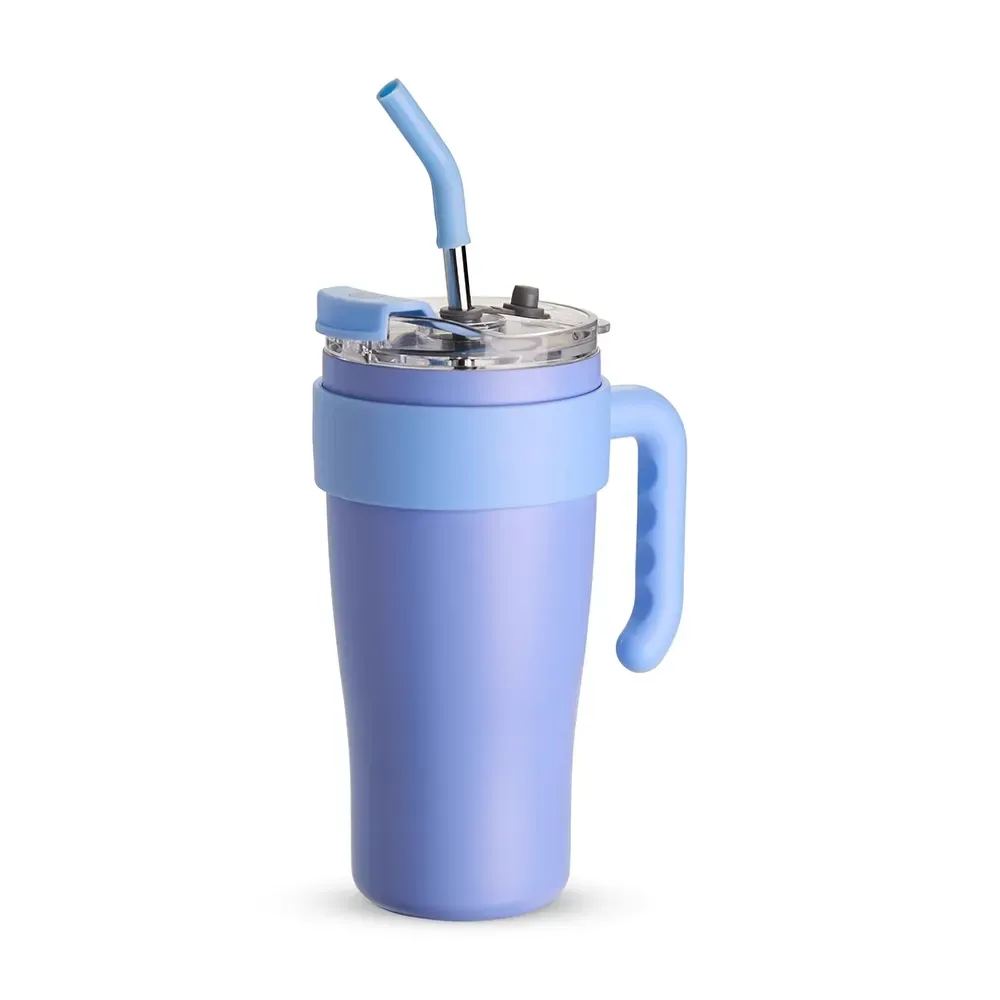 Caneca térmica inox 800ml com canudo e alça ergonômica, cor azul claro, personalizada