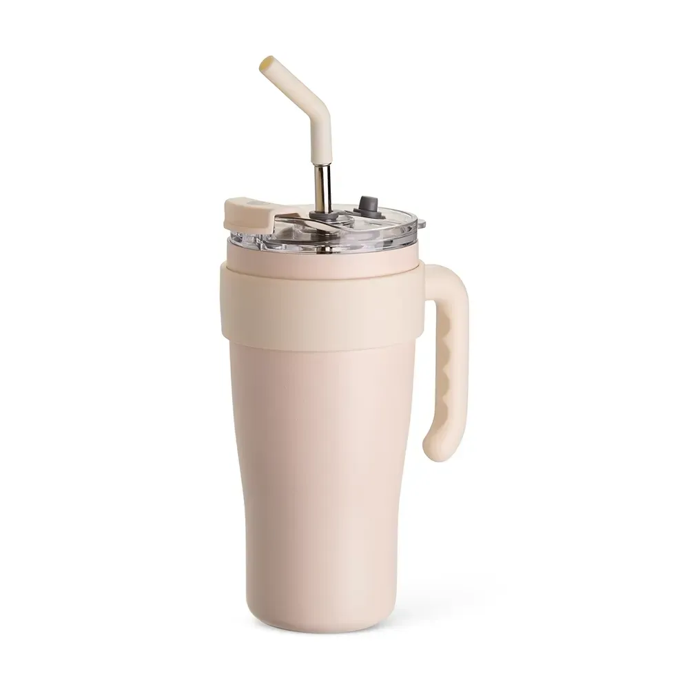 Caneca térmica inox 800ml com canudo e alça ergonômica, cor creme, personalizada