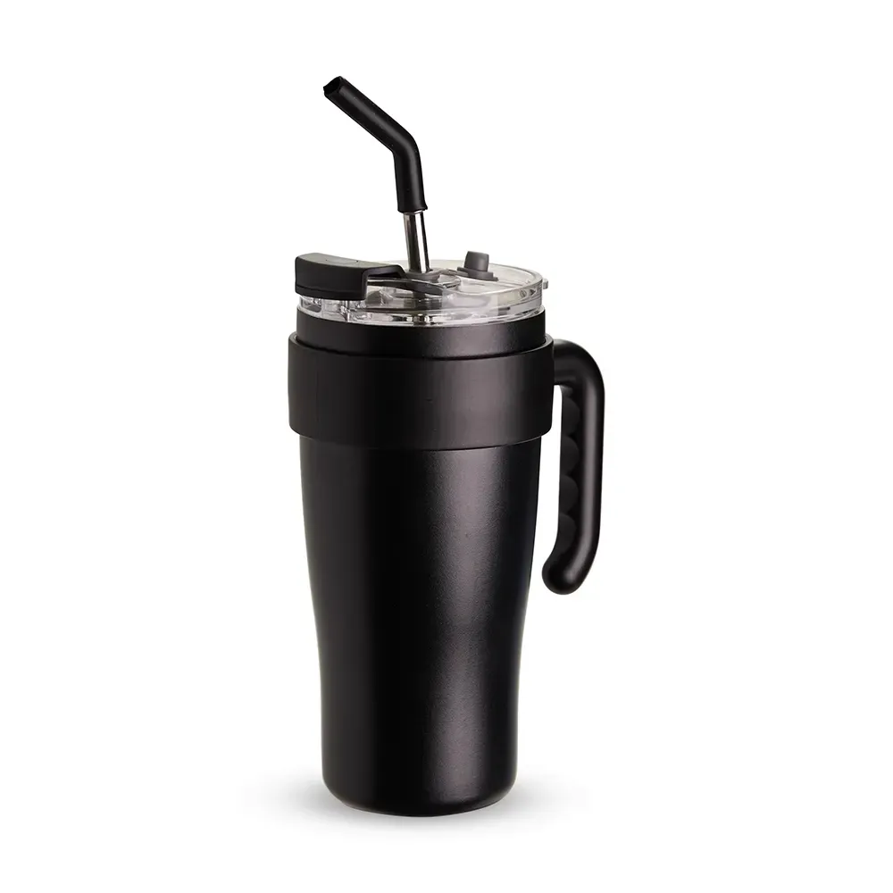 Caneca térmica inox 800ml com canudo e alça ergonômica, cor preto, personalizada