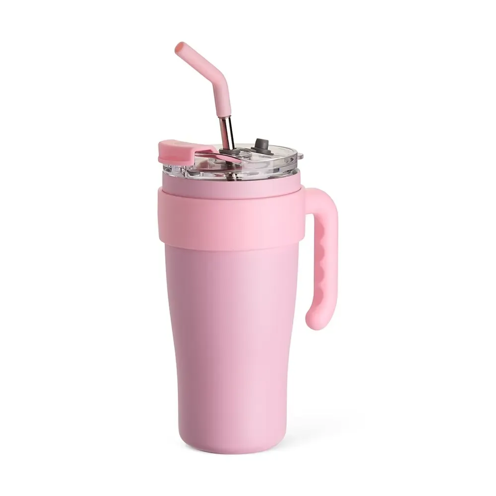 Caneca térmica inox 800ml com canudo e alça ergonômica, cor rosa, personalizada