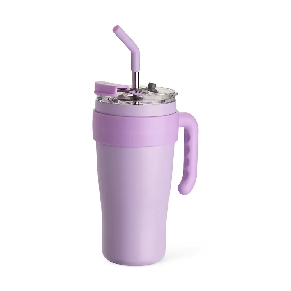 Caneca térmica inox 800ml com canudo e alça ergonômica, cor roxo, personalizada