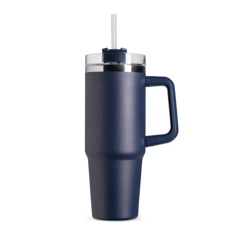 Caneca térmica inox 900ml com canudo azul escuro personalizada