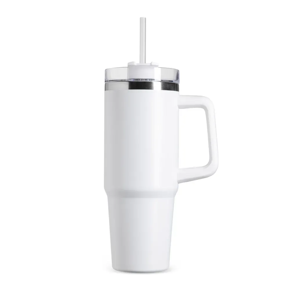 Caneca térmica inox 900ml com canudo branca personalizada