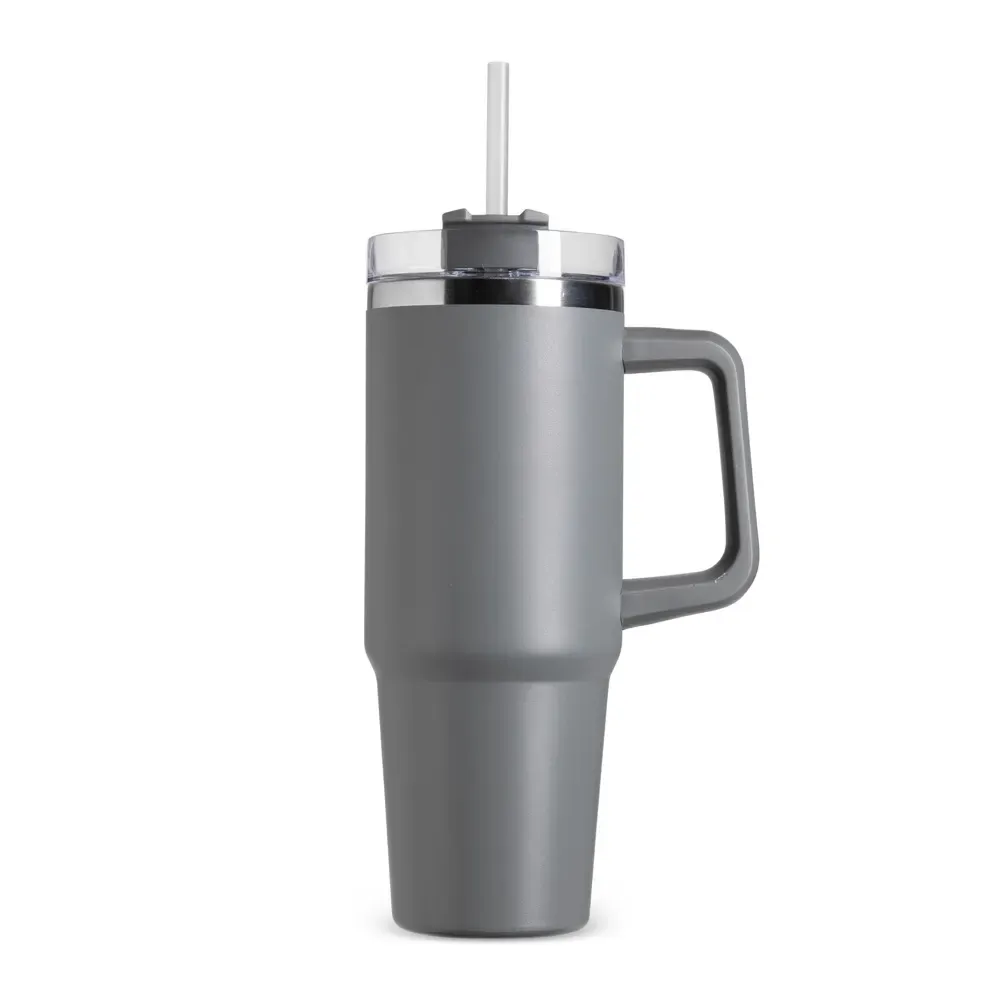 Caneca térmica inox 900ml com canudo cinza personalizada