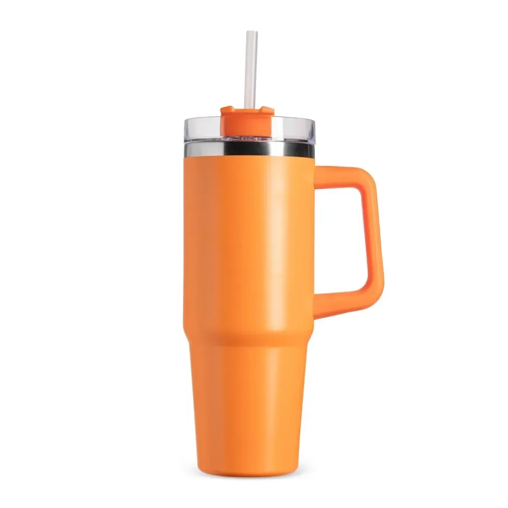 Caneca térmica inox 900ml com canudo laranja personalizada