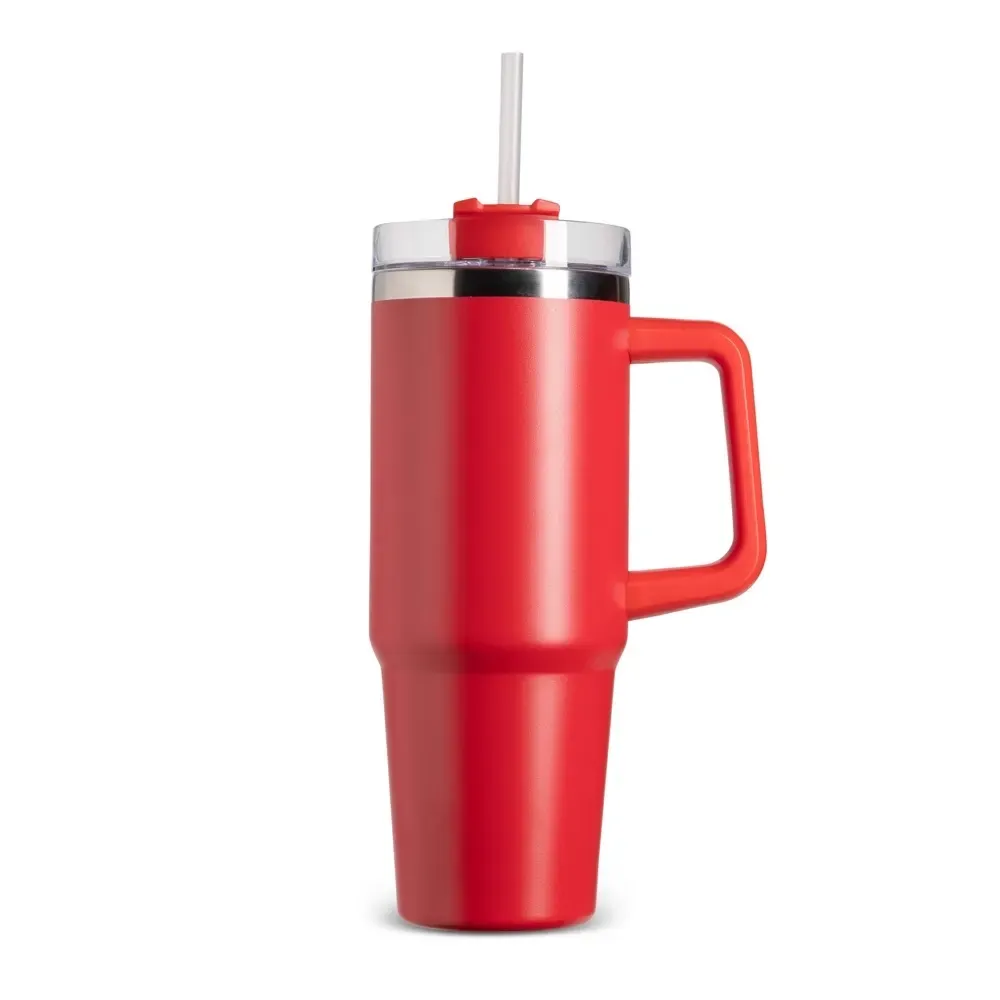 Caneca térmica inox 900ml com canudo vermelha personalizada