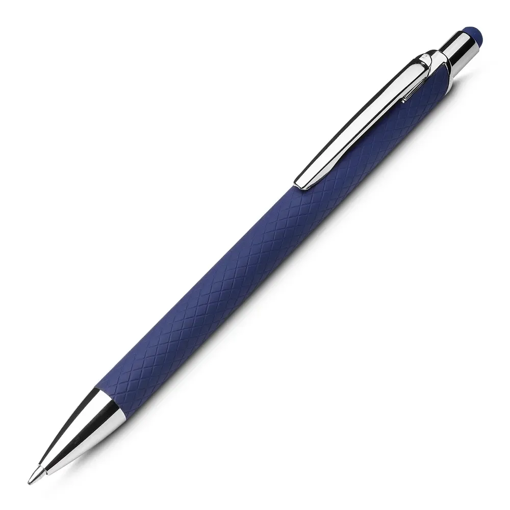 Caneta personalizada azul em alumínio reciclado com corpo texturizado
