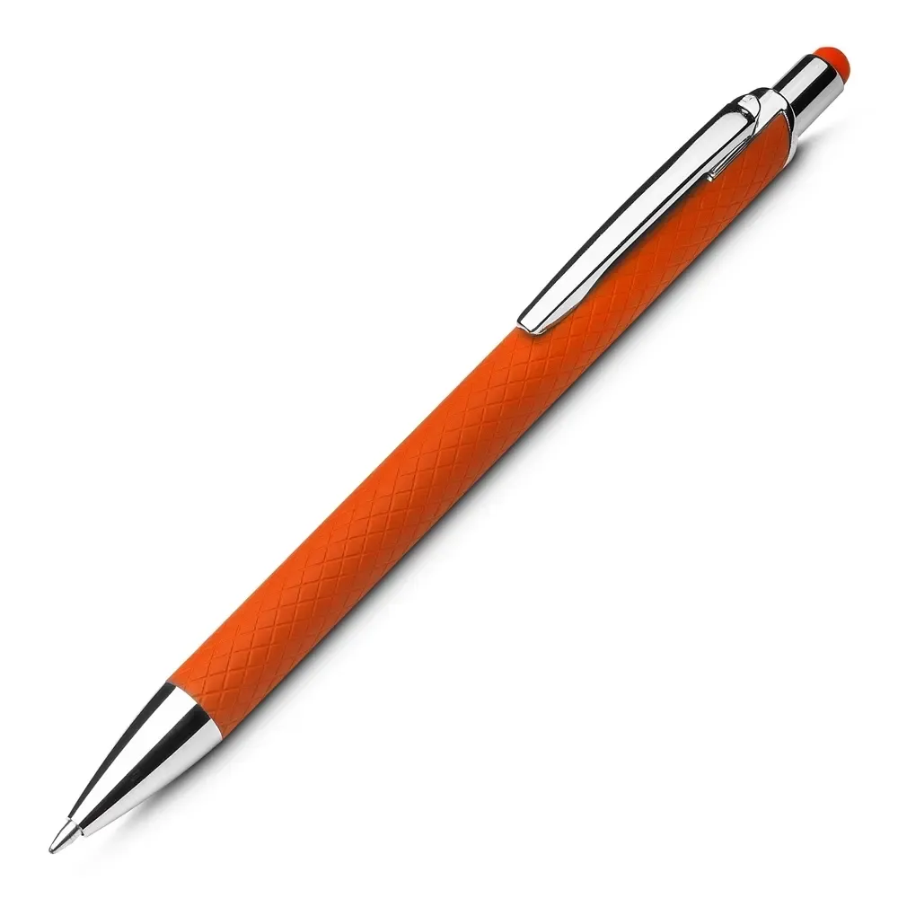 Caneta personalizada laranja em alumínio reciclado com corpo texturizado