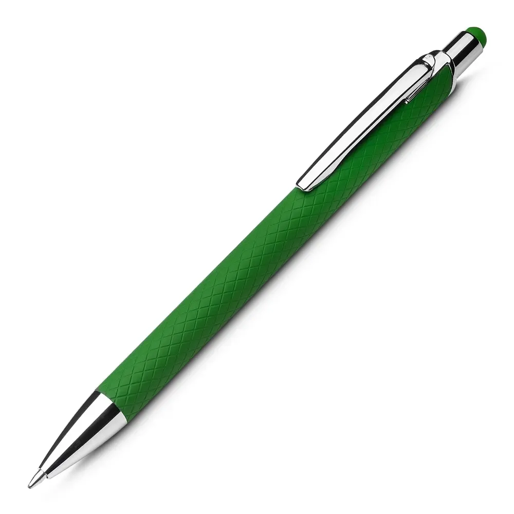 Caneta personalizada verde em alumínio reciclado com corpo texturizado