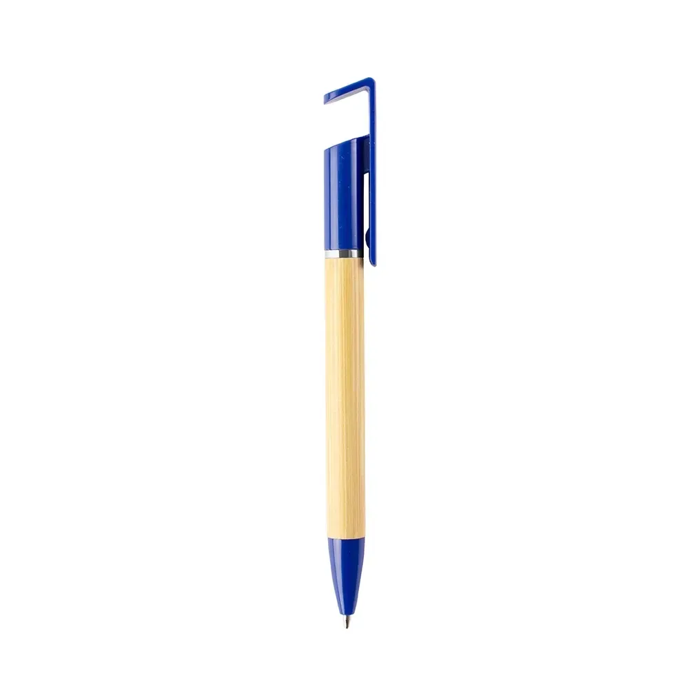 Caneta em bambu personalizada azul com suporte para celular