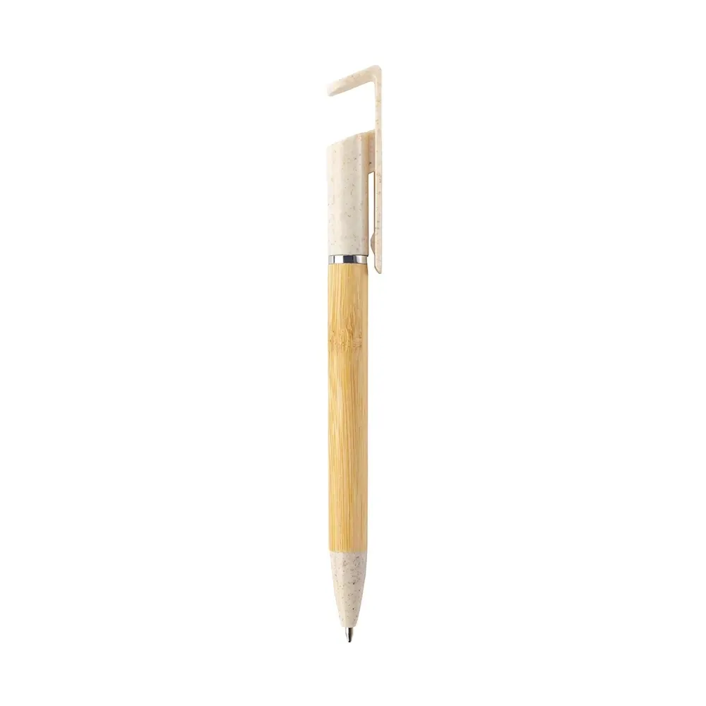 Caneta em bambu personalizada bege com suporte para celular