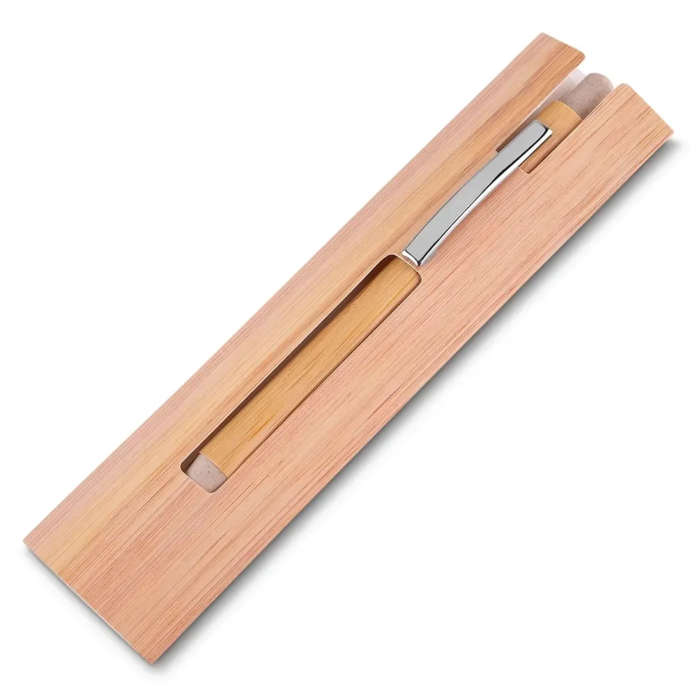 Caneta ecológica de bambu personalizada com estojo, gravação ampla — vista frontal