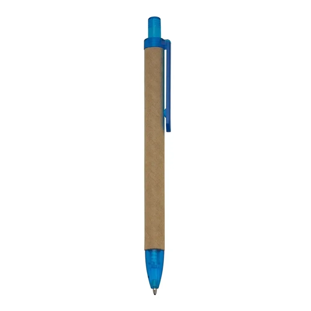 Caneta ecológica de papelão personalizada azul com detalhes translúcidos