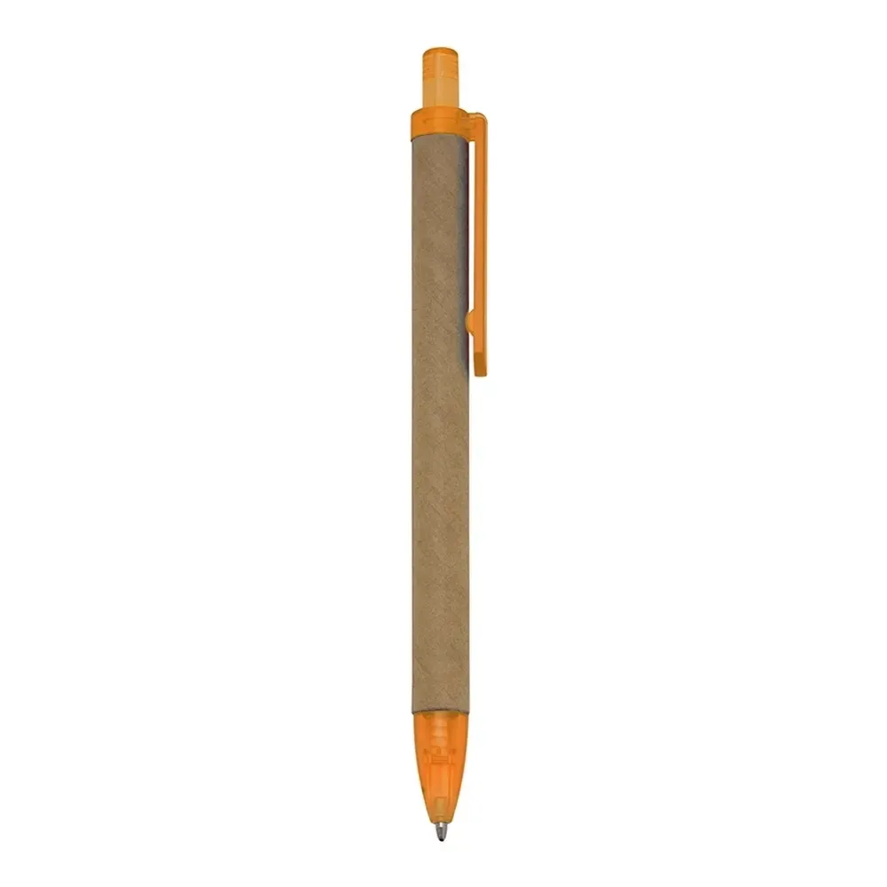 Caneta ecológica de papelão personalizada laranja com detalhes translúcidos