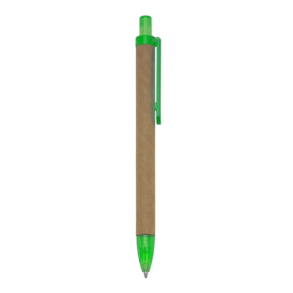 Caneta ecológica de papelão personalizada verde com detalhes translúcidos
