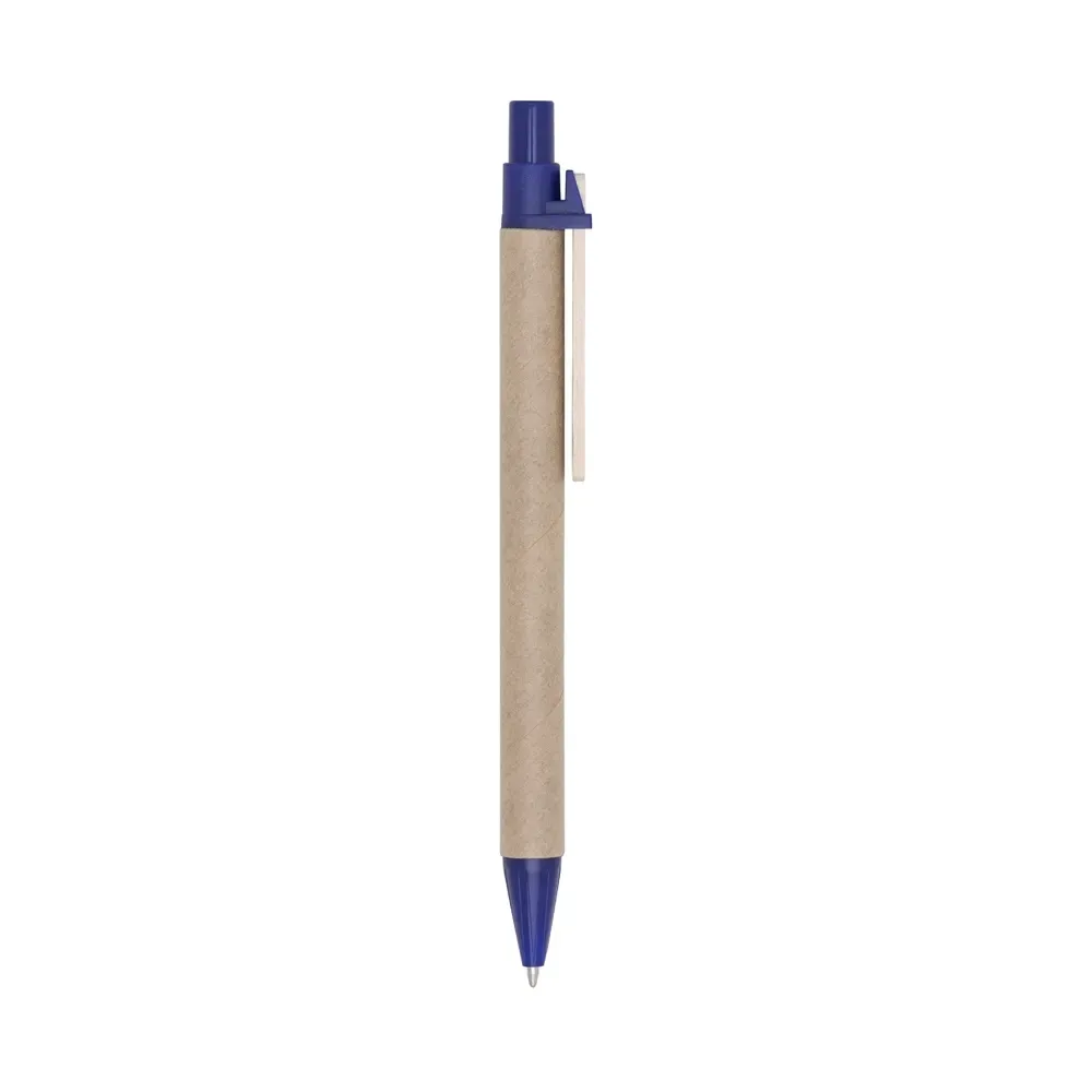 Caneta ecológica de papelão personalizada azul — close da ponta