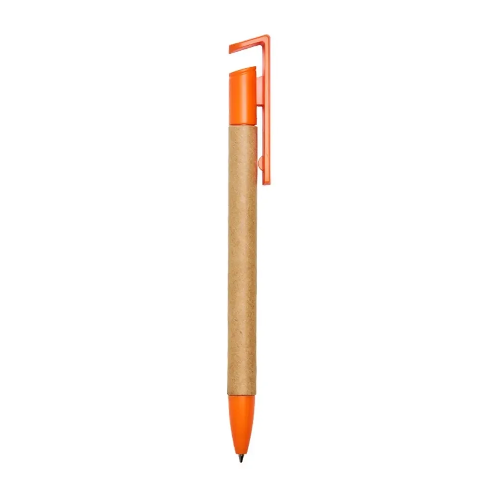 Caneta ecológica personalizada laranja com suporte para celular