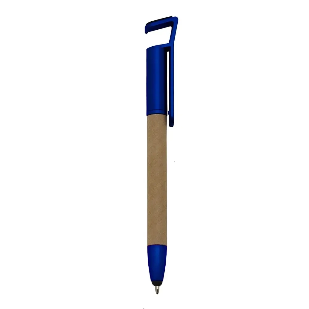Caneta ecológica touch personalizada com suporte para celular azul
