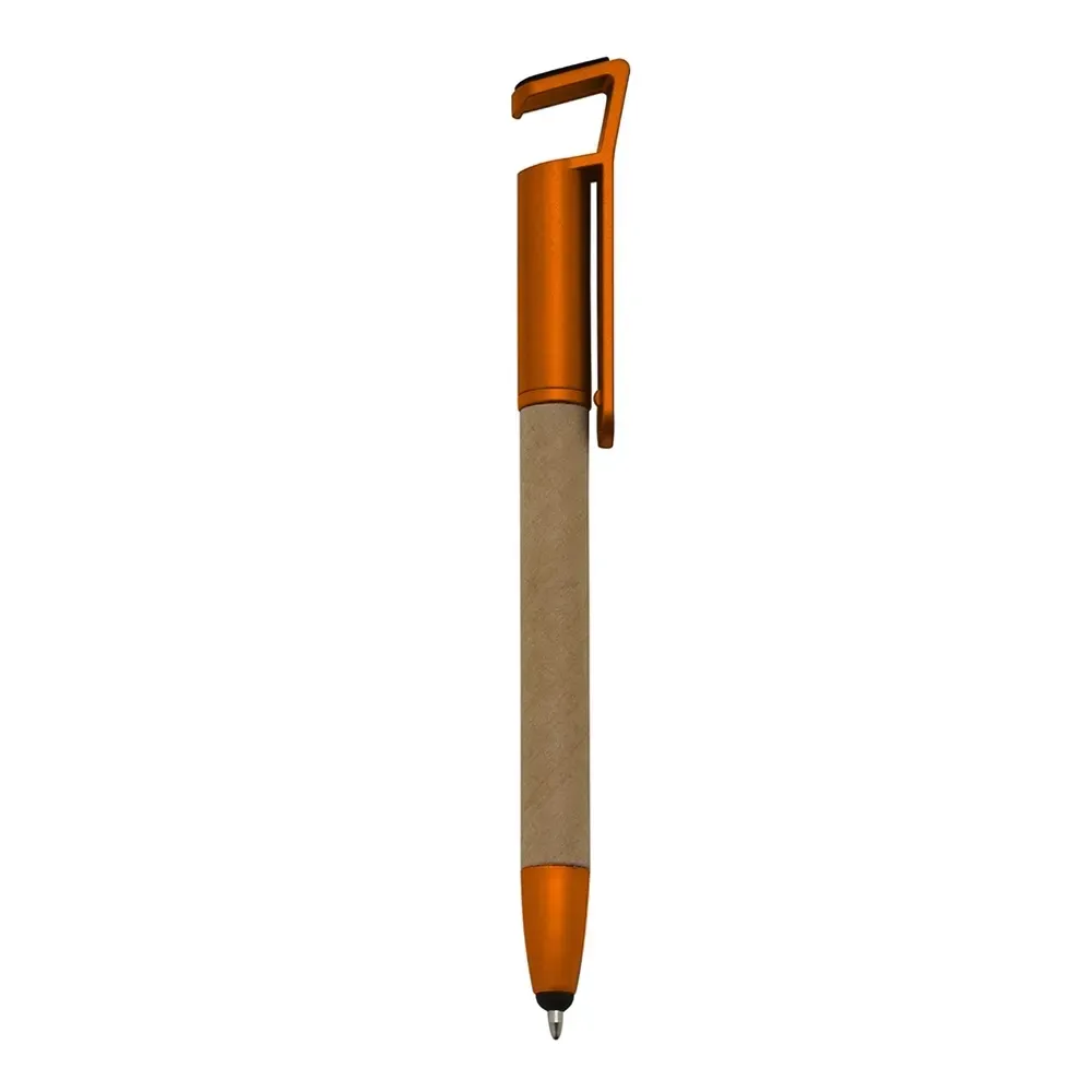 Caneta ecológica touch personalizada com suporte para celular laranja