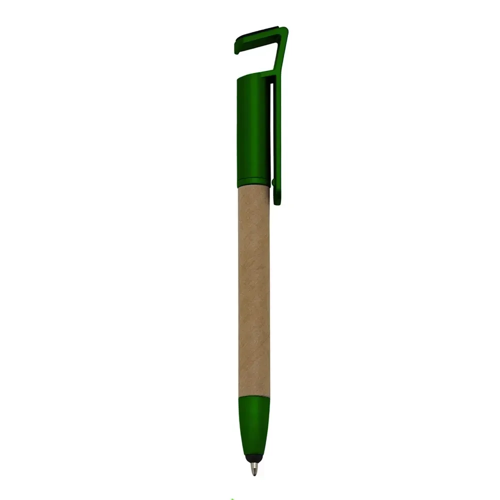 Caneta ecológica touch personalizada com suporte para celular verde