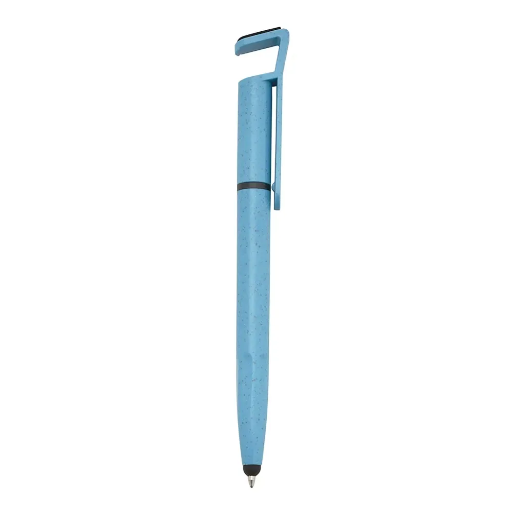 Caneta de fibra de bambu personalizada touch com suporte para celular azul