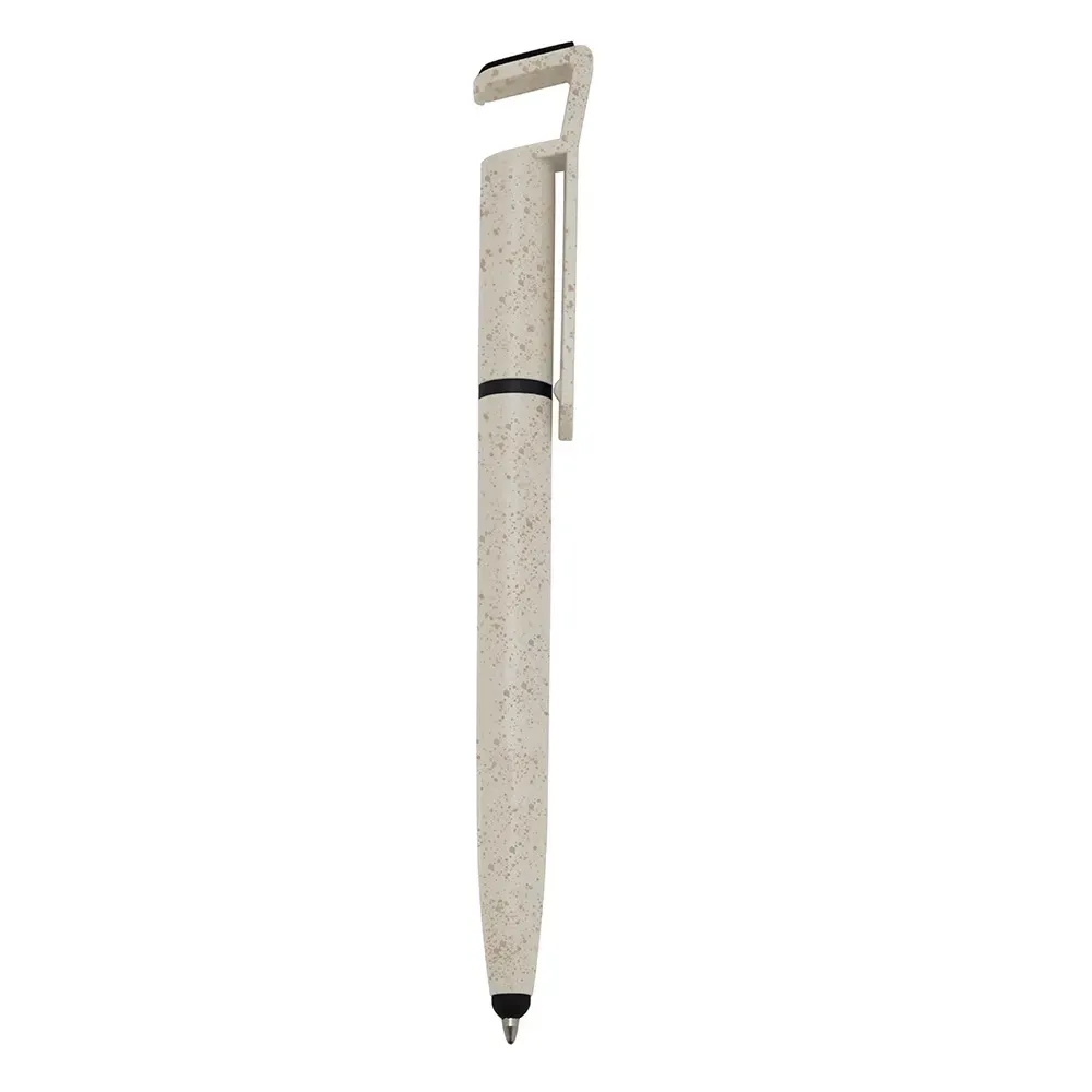 Caneta de fibra de bambu personalizada touch com suporte para celular bege
