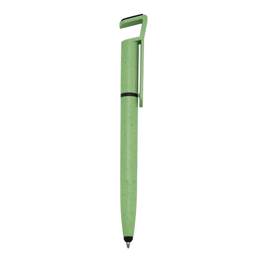 Caneta de fibra de bambu personalizada touch com suporte para celular verde