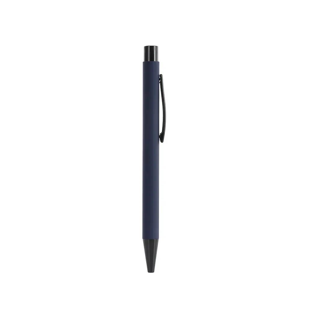 Caneta metal personalizada com acabamento emborrachado azul — vista frontal