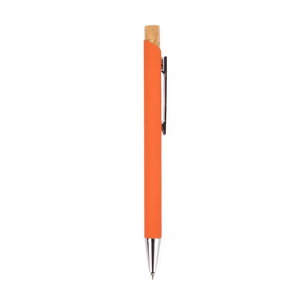 Caneta Metal com Acionador em Bambu personalizada laranja