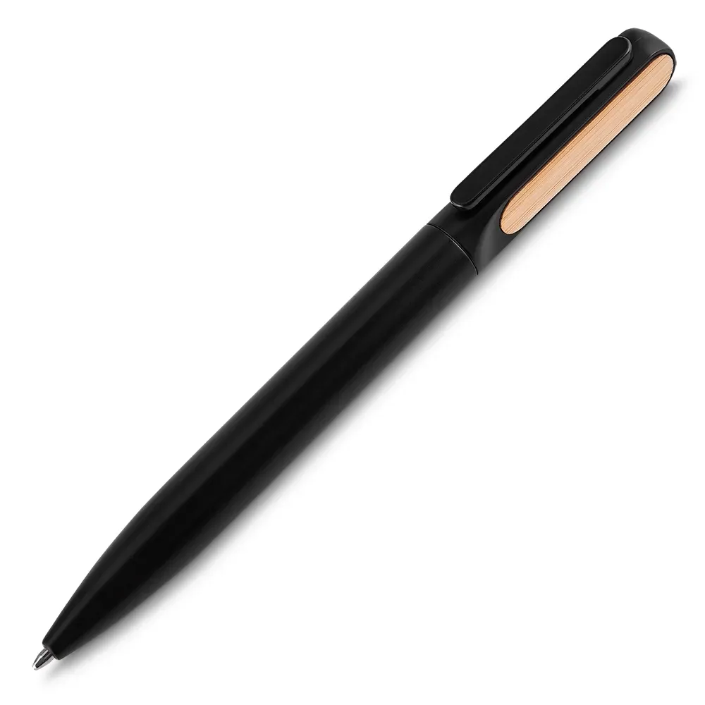 Caneta Metal personalizada com detalhes em bambu preta