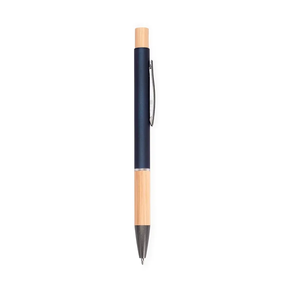 Caneta Metal com Detalhes em Bambu personalizada azul escuro