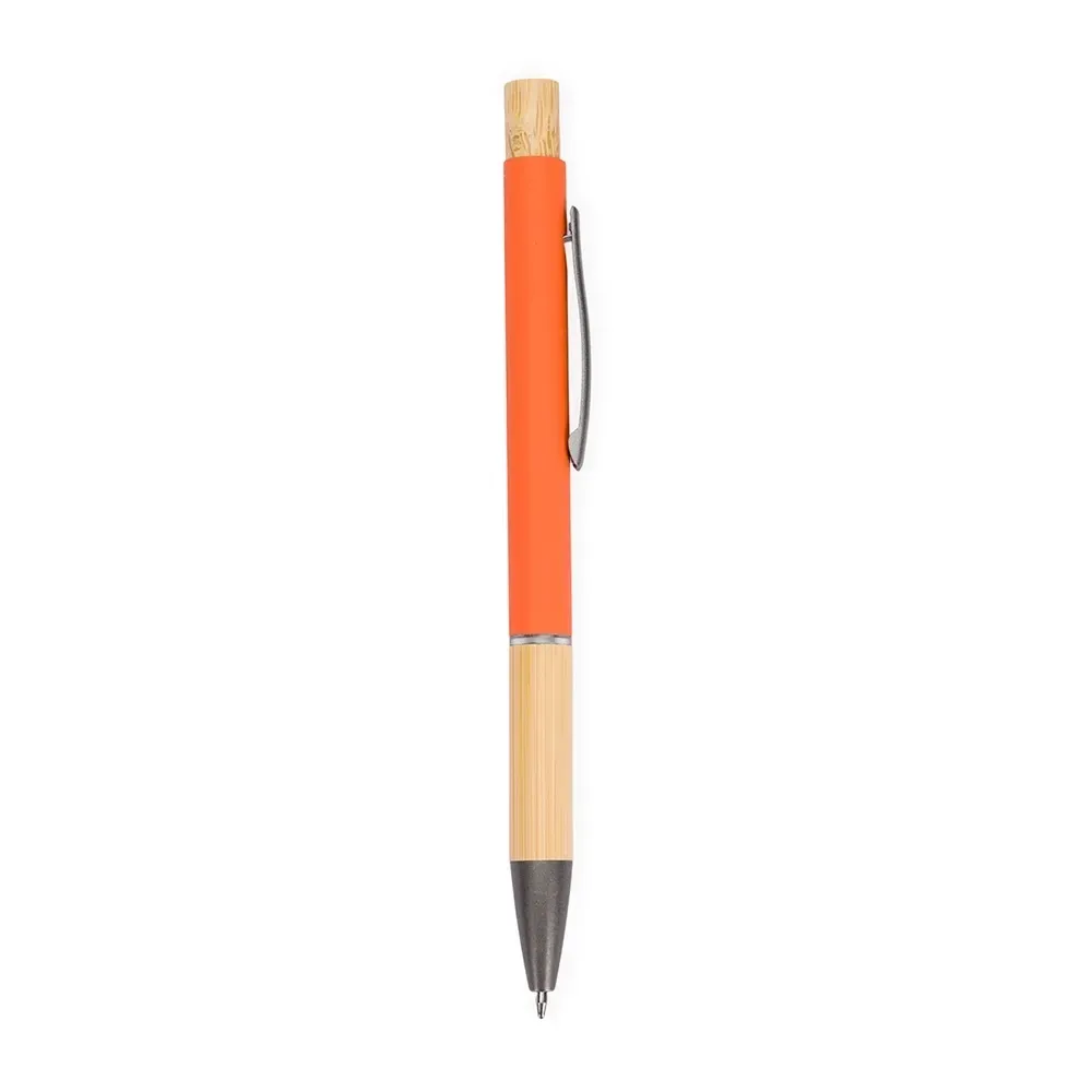 Caneta Metal com Detalhes em Bambu personalizada laranja