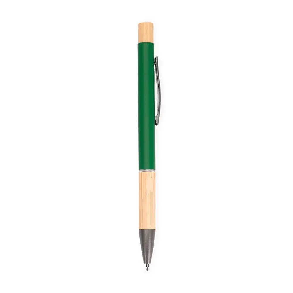 Caneta Metal com Detalhes em Bambu personalizada verde escuro