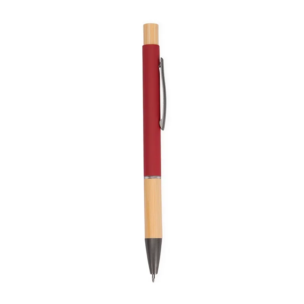 Caneta Metal com Detalhes em Bambu personalizada vermelho