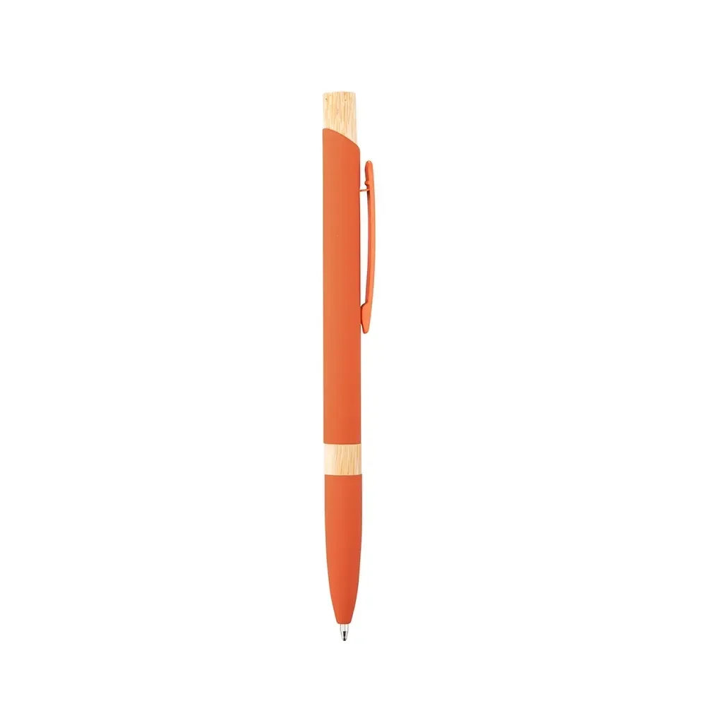 Caneta metal personalizada laranja com detalhes em bambu