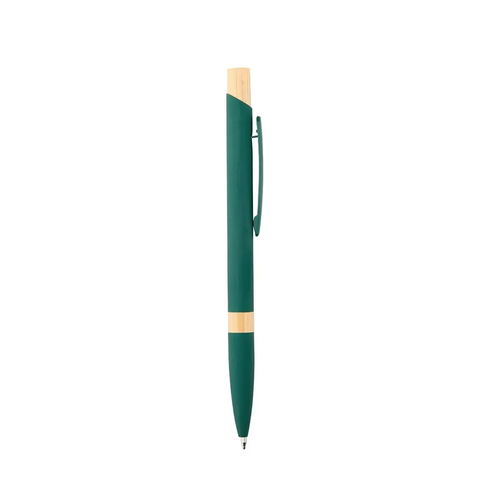 Caneta metal personalizada verde com detalhes em bambu