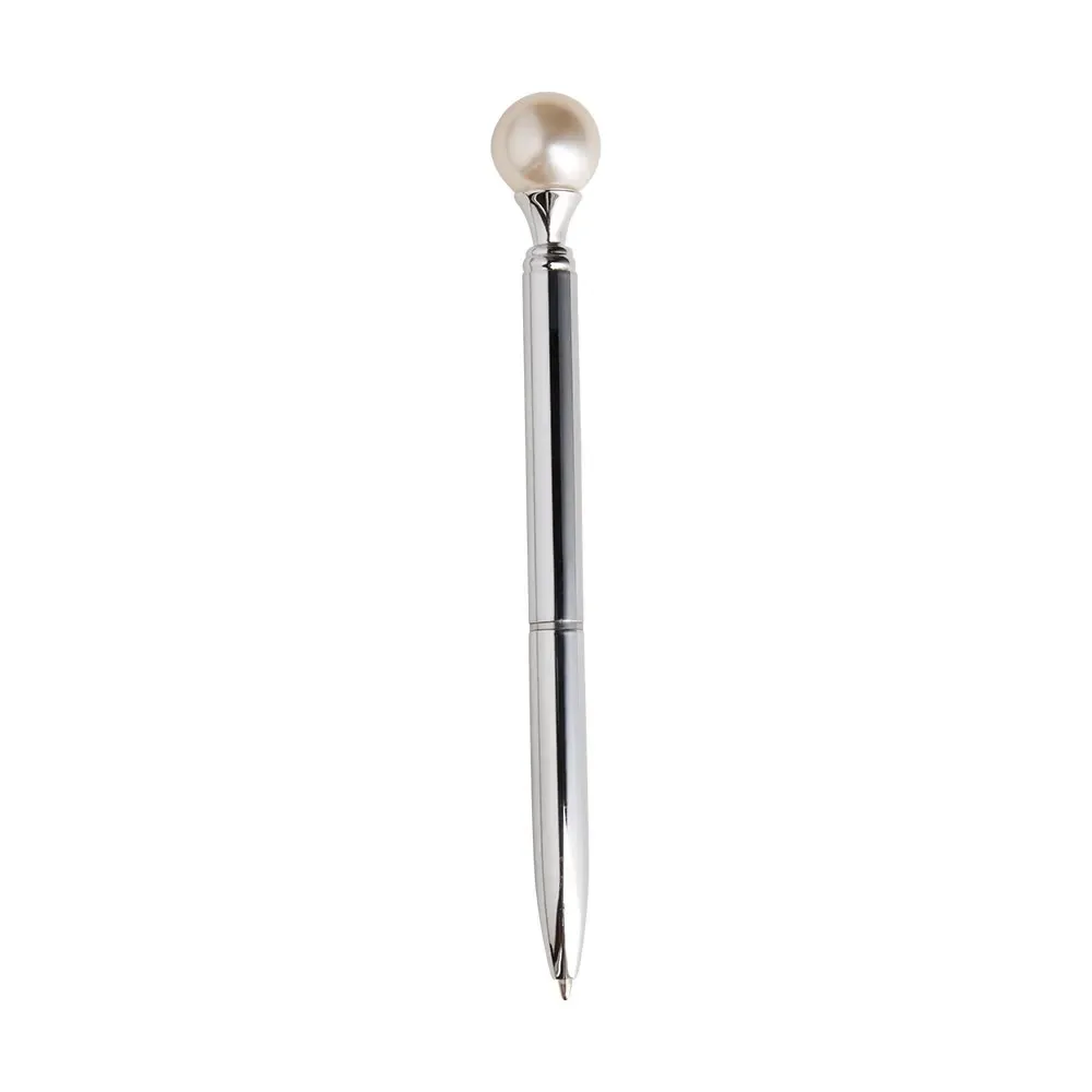 Caneta metal personalizada com detalhe pérola prata brilhante