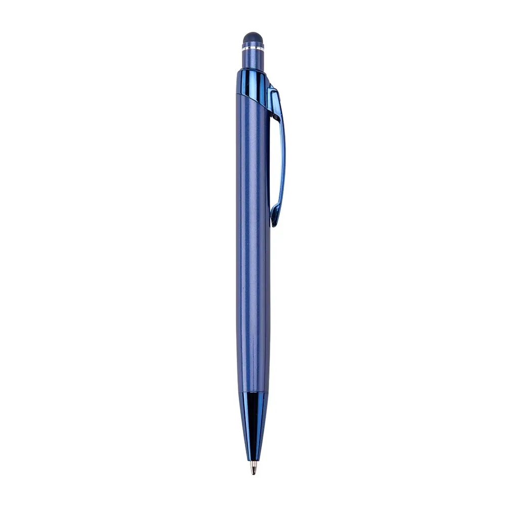 Caneta metal touch personalizada acabamento refletivo azul — vista frontal