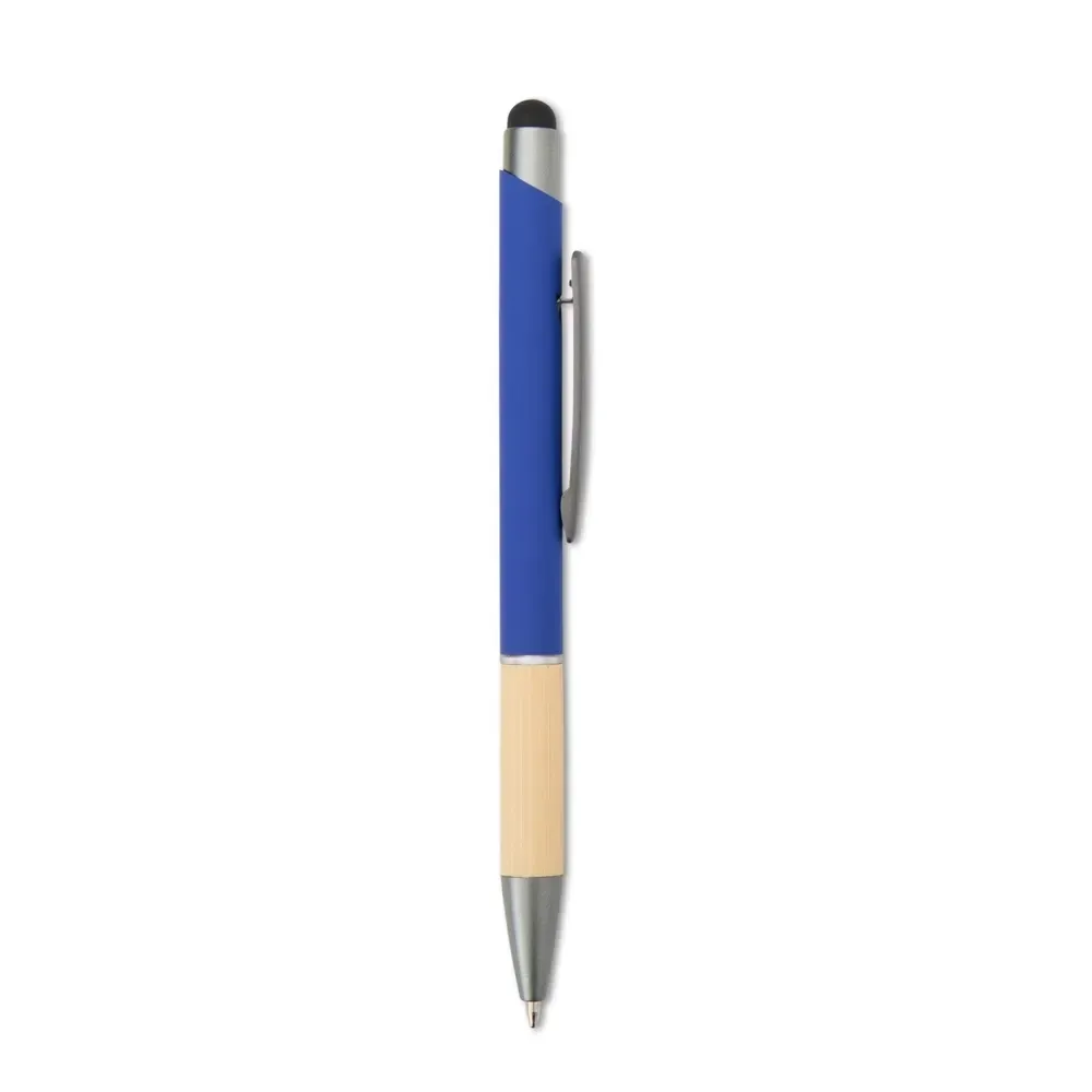 Caneta metálica touch personalizada azul com detalhe em bambu
