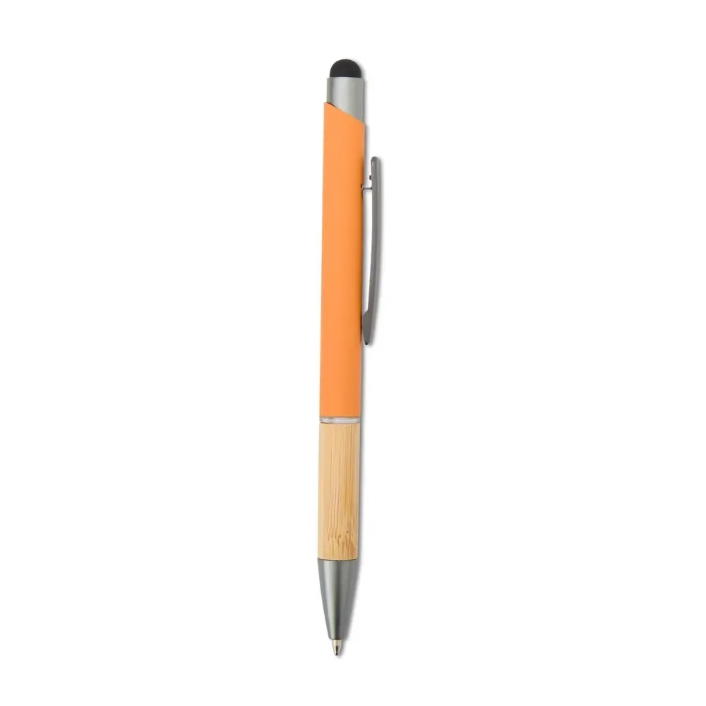 Caneta metálica touch personalizada laranja com detalhe em bambu