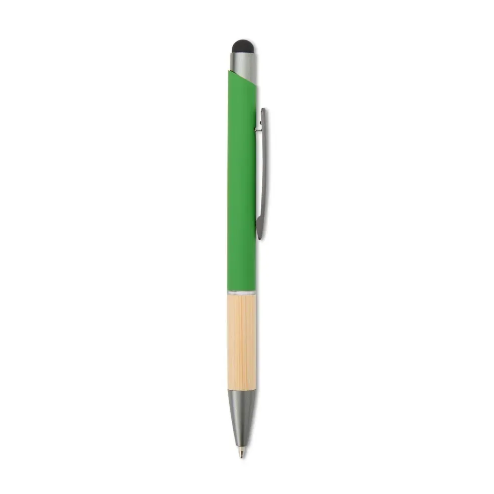 Caneta metálica touch personalizada verde claro com detalhe em bambu