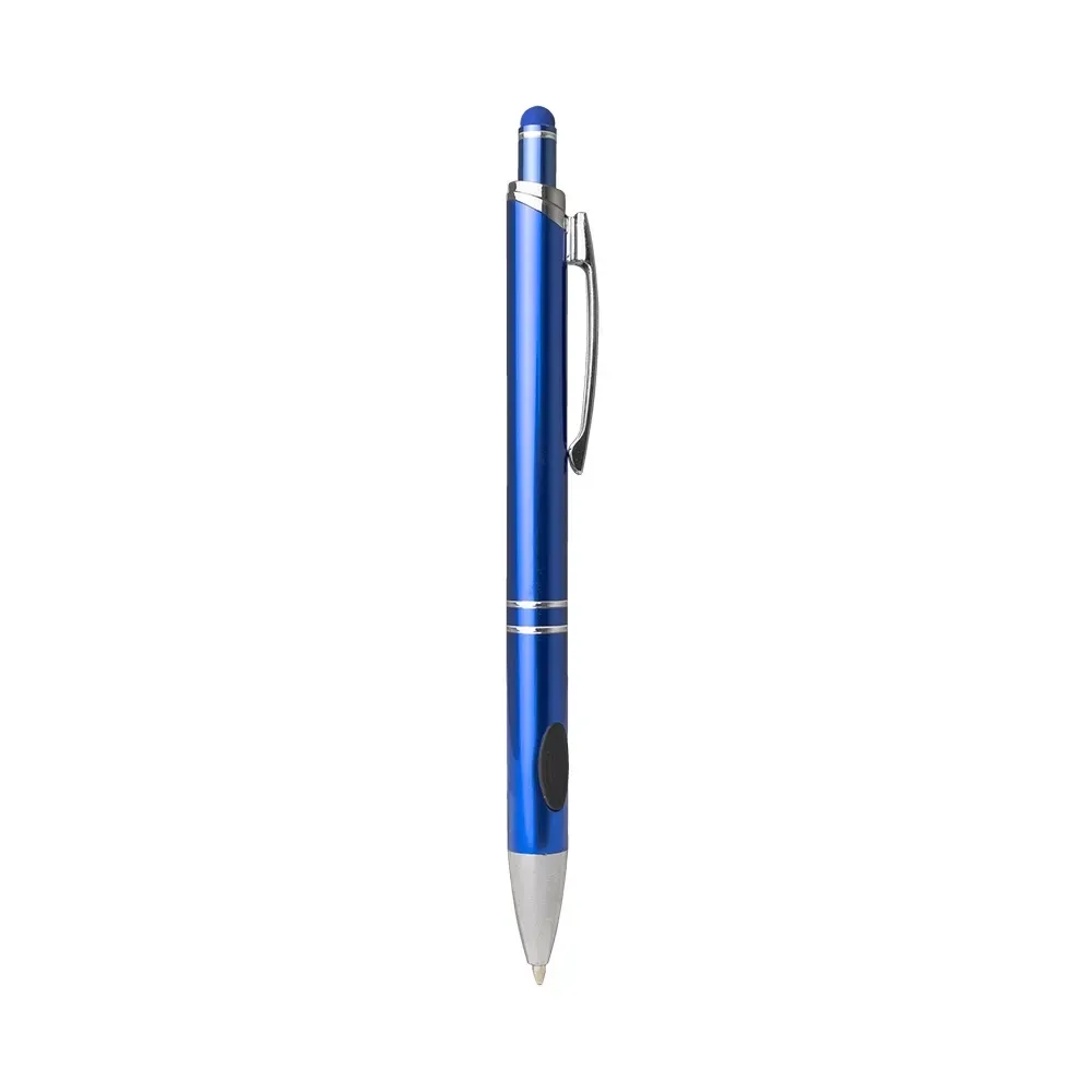 Caneta metal touch personalizada com borracha na base azul escura